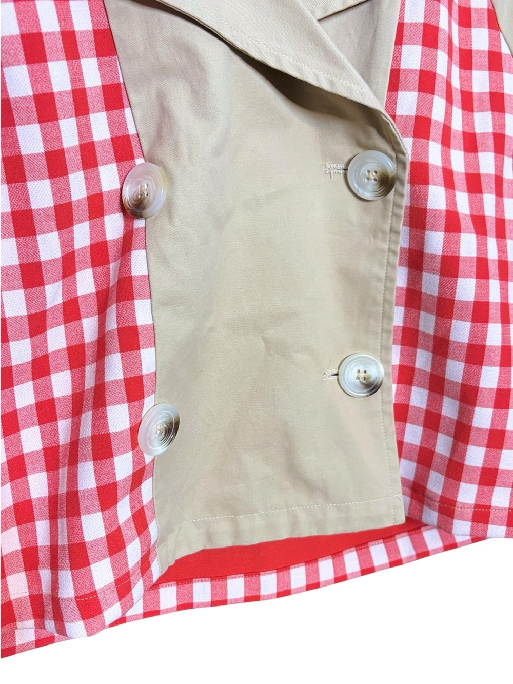 English Factory Beige Cropped Trench with Red Gingham Trim sz M - Picture 8 of 16